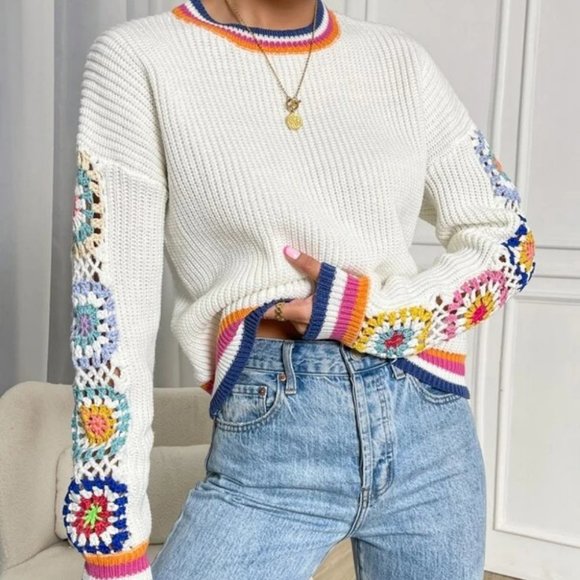 . Sweaters - Floral Print Crochet Knit Sweater Top